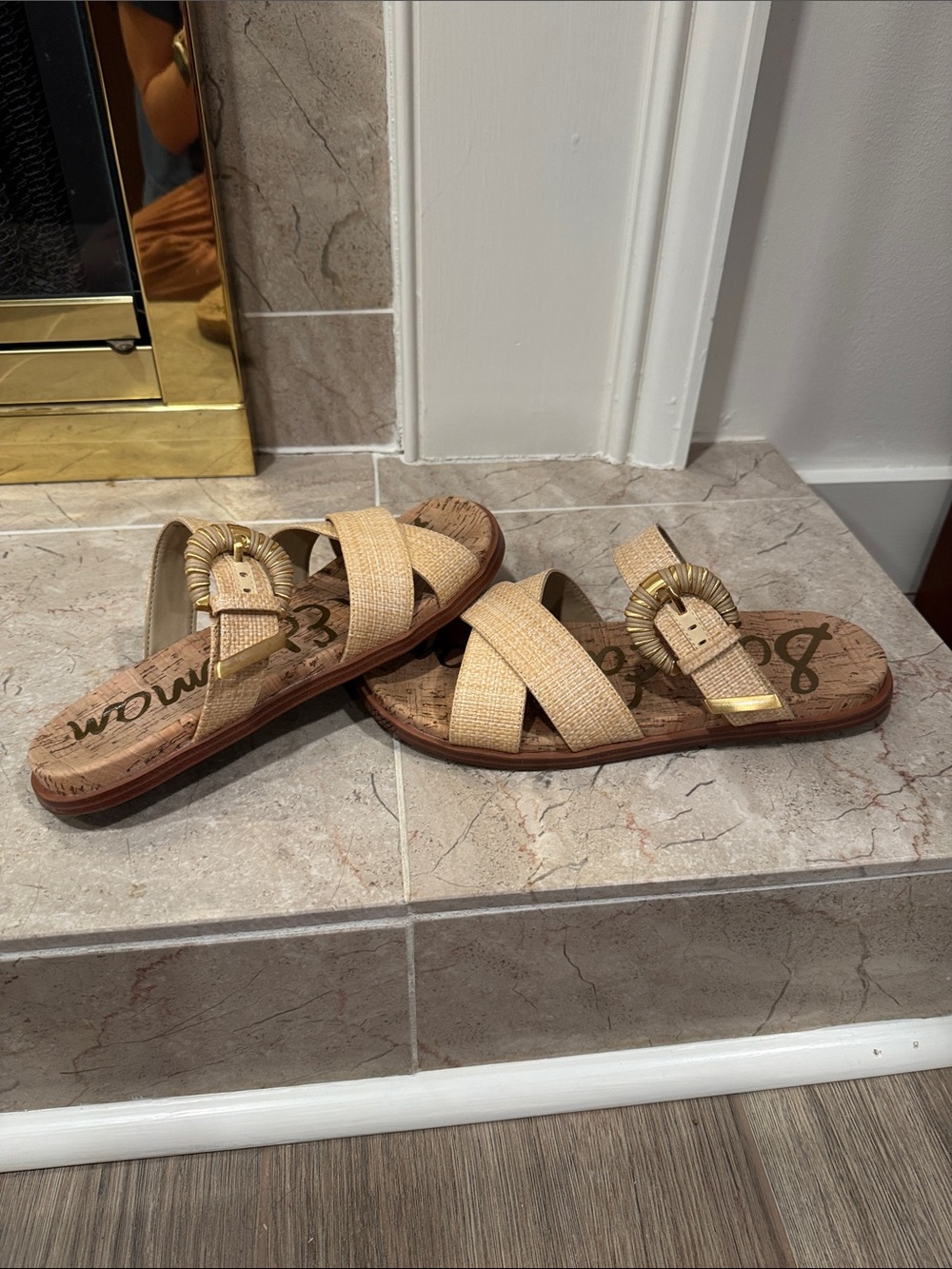 Sam Edelman Natural Raffia Slide Sandals with Gold Accent Buckles